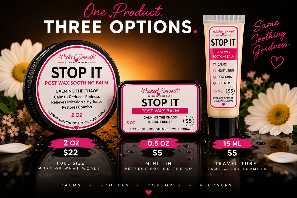 Wicked Smooth STOP IT balm in 2 oz full size, 0.5 oz mini tin, and 15 mL travel tube
